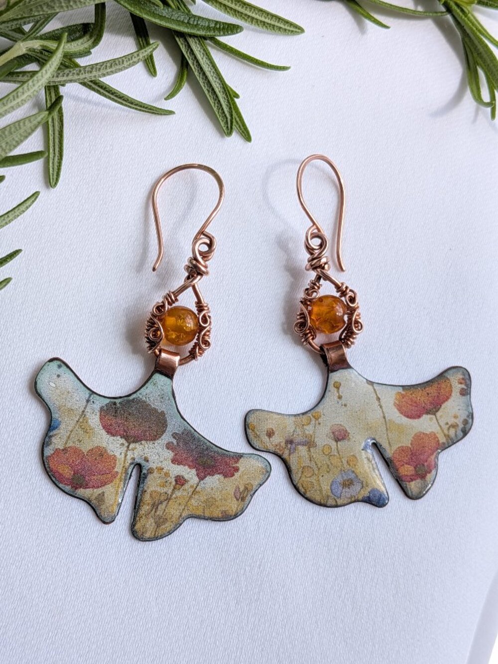 Artisan Copper Earrings-Baltic Amber Beads Enameled Floral Poppy Design
